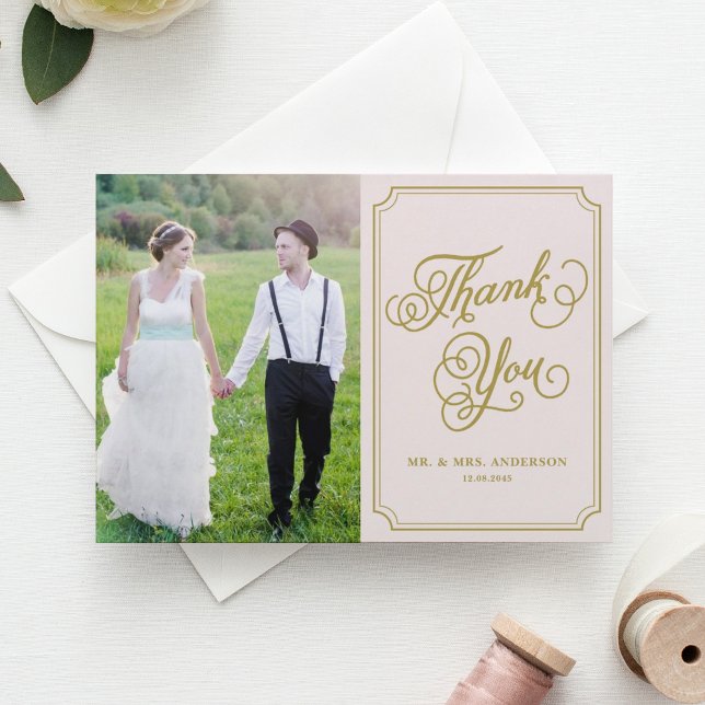 Cartão De Agradecimento Casamento de Fotografias de Script Whimsical Blush (Criador carregado)