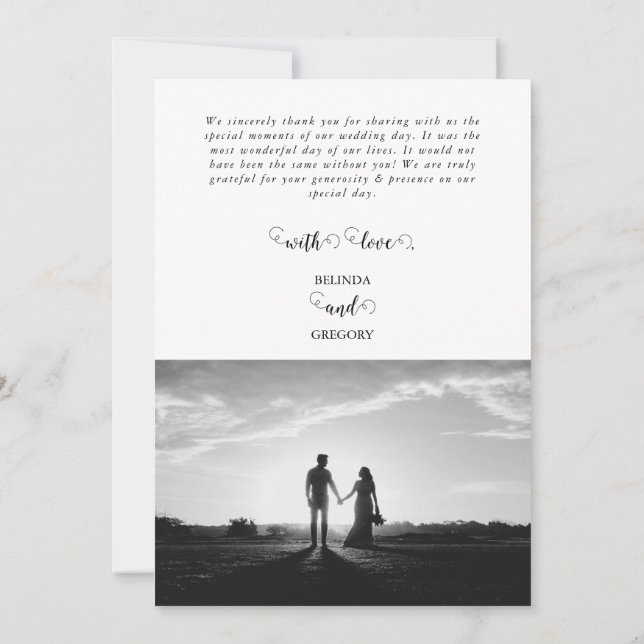 Cartão De Agradecimento Casamento de Fotografias do Casal de Script Branco (Verso)