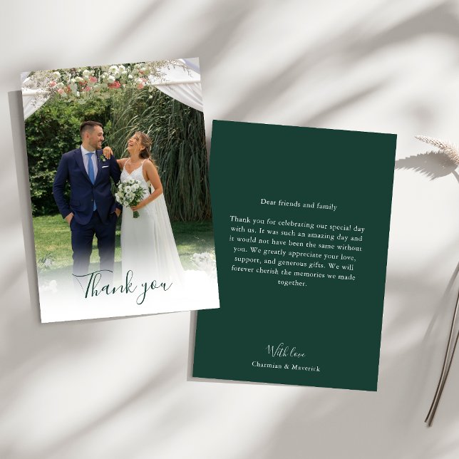 Cartão De Agradecimento Casamento de Fotografias do Script Verde Elegante (Criador carregado)