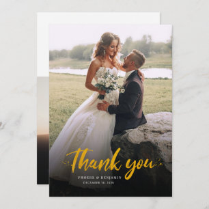 Cartão De Agradecimento Casamento de Fotografias Dourado Moderno com Letra