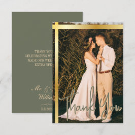 Cartão De Agradecimento Casamento de Fotografias Elegante Verde Dourado St