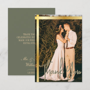 Cartão De Agradecimento Casamento de Fotografias Elegante Verde Dourado St