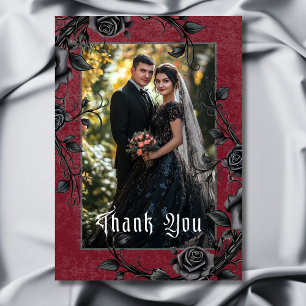 Cartão De Agradecimento Casamento de Fotografias Gótico Black Raven & Rosa