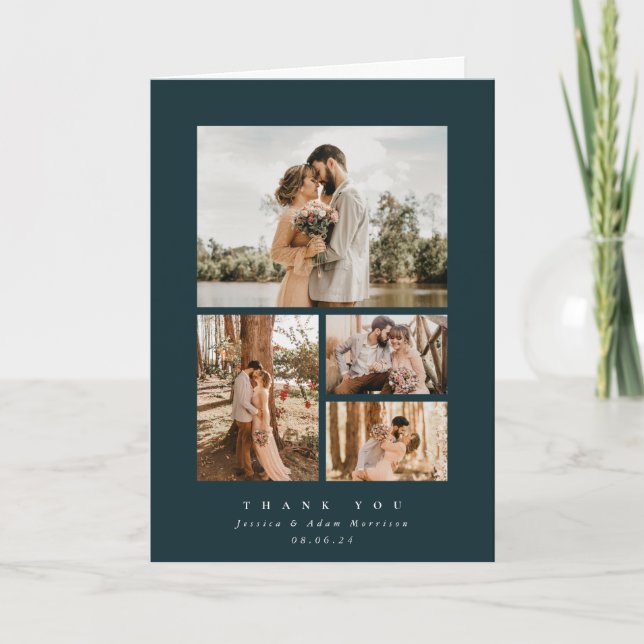 Cartão De Agradecimento Casamento de Fotografias Mínimo 4 Verde Escuro (Frente)