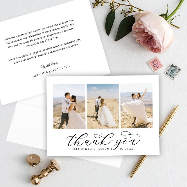 Cartão De Agradecimento Casamento de Fotografias Personalizado com Script  (Criador carregado)