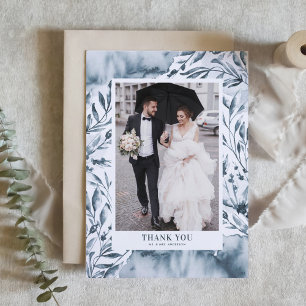Cartão De Agradecimento Casamento de Fotografias Romântica Blue Watercolor