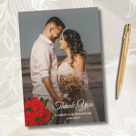 Cartão De Agradecimento Casamento de Fotografias Romântica do Rosa vermelh