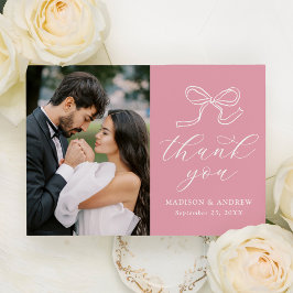 Cartão De Agradecimento Casamento de Fotografias Rosa-Rosa Elegante