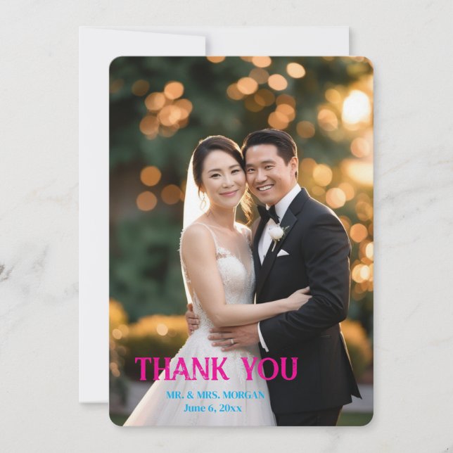 Cartão De Agradecimento Casamento de Fotografias Simples de Script Moderno (Frente)