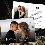 Cartão De Agradecimento Casamento de Fotos Branco e Preto Elegante | Aves<br><div class="desc">Este na moda, elegante obrigado de casamento, sua placa lisa apresenta um modelo de foto de sangria de cheio na frente, junto com simples leitura de tipografia, "Amor e Obrigados" em branco. Uma camada escura de gradiente em direção à parte inferior permite que o texto se destaque contra sua foto...</div>