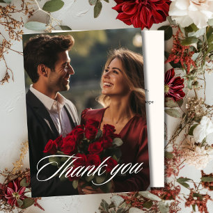 Cartão De Agradecimento Casamento de fotos do inverno Floral com rosa verm