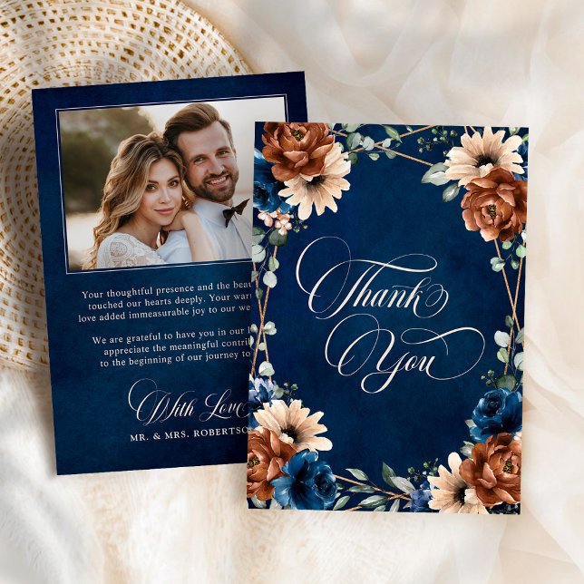 Cartão De Agradecimento Casamento de Fotos do Marinho Terracotta Blue Gree (Terracotta Navy Blue Greenery Photo Wedding Thank You Card)