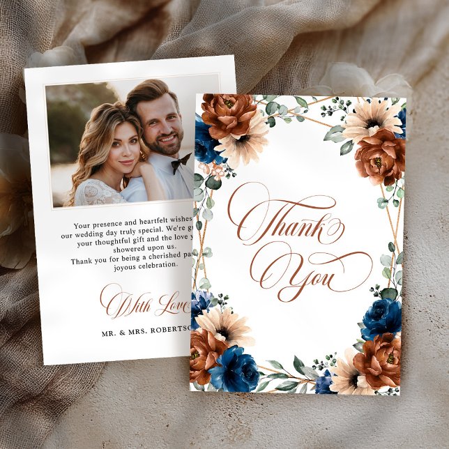 Cartão De Agradecimento Casamento de Fotos do Marinho Terracotta Blue Gree (Terracotta Navy Blue Greenery Photo Wedding Thank You Card)