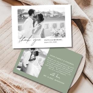 Cartão De Agradecimento Casamento de Fotos do Script Verde Elegante Sage O