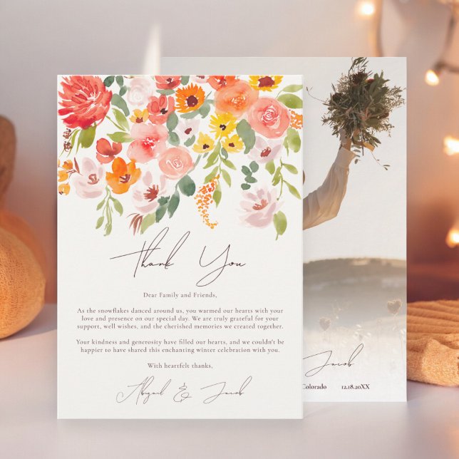 Cartão De Agradecimento Casamento de fotos florais do boho (Boho fall rustic floral photo wedding thank you card)