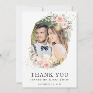 Cartão De Agradecimento Casamento de Fotos Geométricas de Verde Floral Su