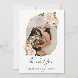 Cartão De Agradecimento Casamento de Fotos Geométricas Douradas Florais L