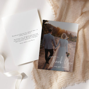 Cartão De Agradecimento Casamento de Fotos Manuscrito Branco Minimalista