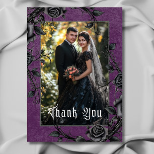 Cartão De Agradecimento Casamento de Fotos Raven Preto Gótico e Rosas Roxo