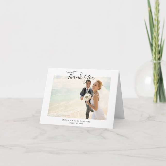 Cartão De Agradecimento Casamento de Fotos Simples do Script Moderno Chic  (Frente)