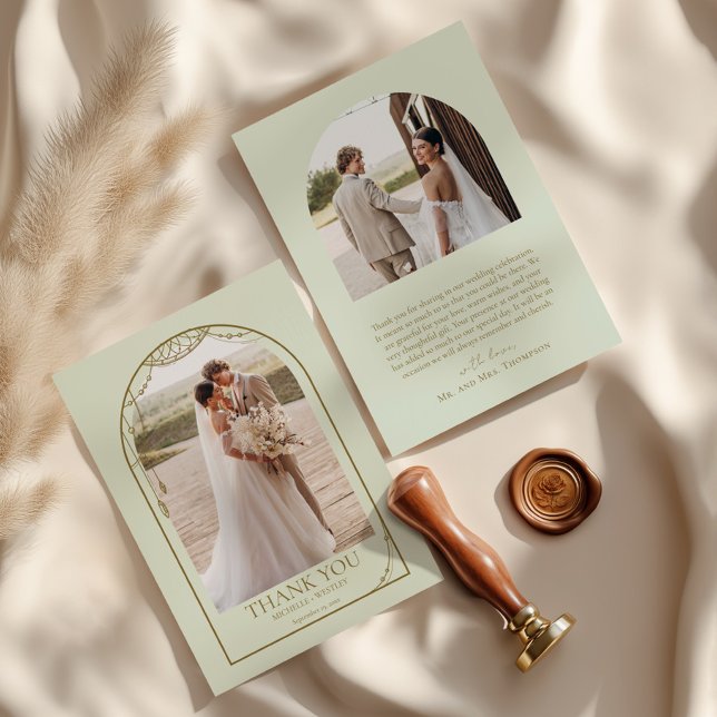 Cartão De Agradecimento Casamento de Frame de Arco Verde de Luz Sage (Criador carregado)