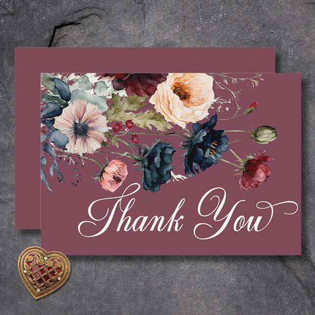 Cartão De Agradecimento Casamento de Frame Floral de Oval da Moody Burgund (Dark Moody Burgundy Oval Floral Frame Wedding Thank You Card)