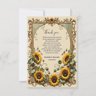 Cartão De Agradecimento Casamento de girassol amarelo com armação de arte