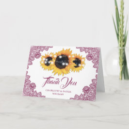 Cartão De Agradecimento Casamento de Girassol de Renda Floral Rústica Rosa