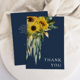 Cartão De Agradecimento Casamento de Girassol Eucalipto Floral Azul Marinh