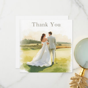 Cartão De Agradecimento Casamento de golfe com noiva e noivo com texto