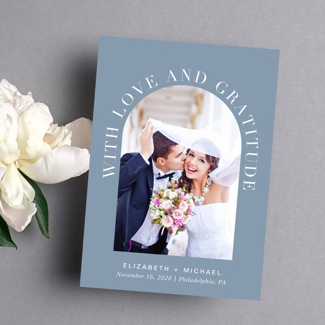 Cartão De Agradecimento Casamento de Gratidão por Foto do Arch Elegante (Celebrate your love story with a thank you card showcasing your photo in an elegant arch frame)