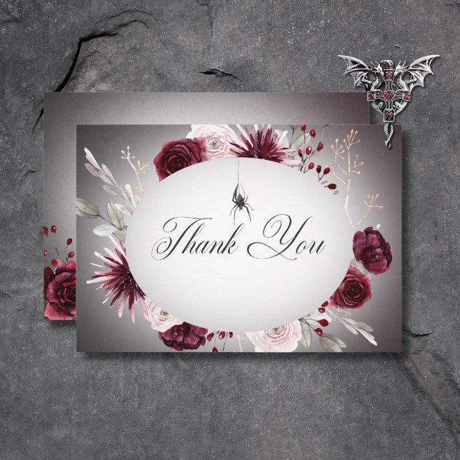 Cartão De Agradecimento Casamento de Halloween Rustic Black & Burgundy (Rustic Gothic Black & Burgundy Halloween Wedding Thank You Card)