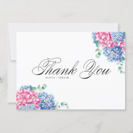 Cartão De Agradecimento Casamento de Hortênsias Rosa e Azul em Aquarela