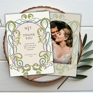 Cartão De Agradecimento Casamento de iniciais de foto floral Art Nouveau v