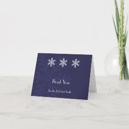 Cartão De Agradecimento Casamento de Inverno com Floco de Neve Azul Marinh