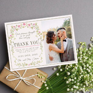 Cartão De Agradecimento Casamento de Jardim Floral Cor-de-Rosa e Verde Con