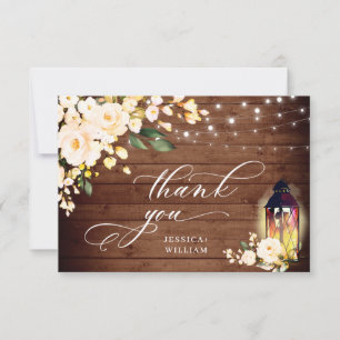 Cartão De Agradecimento Casamento de Lanterna de Madeira Rústica com Rosas