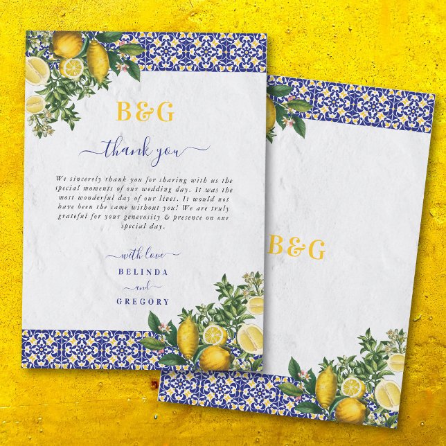 Cartão De Agradecimento Casamento de limão-Azulejo Amarelo-Branco-Azul do  (Blue White Yellow Mediterranean Tile Lemon Wedding Thank You Card)