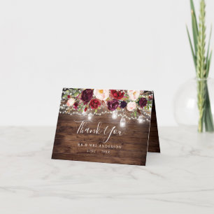 Cartão De Agradecimento Casamento de Luzes Florais Rustic Wood Burgundy