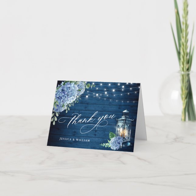 Cartão De Agradecimento Casamento de Madeira com Marinho Floral Hydrangea  (Frente)