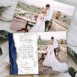 Cartão De Agradecimento Casamento de Mármore Azul Escrito em Ouro com Ágat