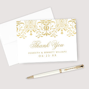 Cartão De Agradecimento Casamento de Monograma Damasco Dourado Elegante