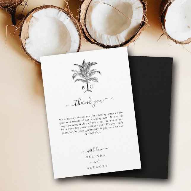 Cartão De Agradecimento Casamento de Monograma de Árvore Tropical Minimali (Minimalist Tropical Palm Tree Monogram Wedding Thank You Card)