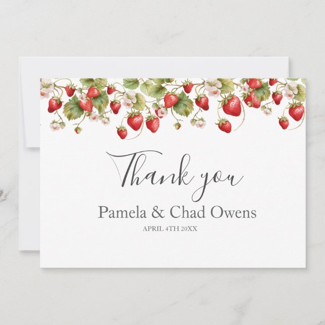Cartão De Agradecimento Casamento de Morangos Por Aquarela Obrigado (Frente)
