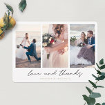 Cartão De Agradecimento Casamento de Obrigados e Amor com Colagem Multifot<br><div class="desc">Este simples modelo de cartões de agradecimentos de casamento com três fotos de colagem apresenta um visual moderno e nítido. Nós escolhemos cantos arredondados como a forma padrão, mas você pode facilmente mudar isso para cantos agudos, como essa aparência também funciona muito bem com esta design! Demos a este design...</div>
