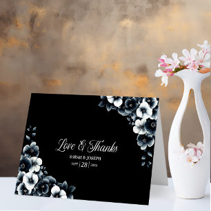 Cartão De Agradecimento Casamento de Obrigados e Amor Floral Branco Negro