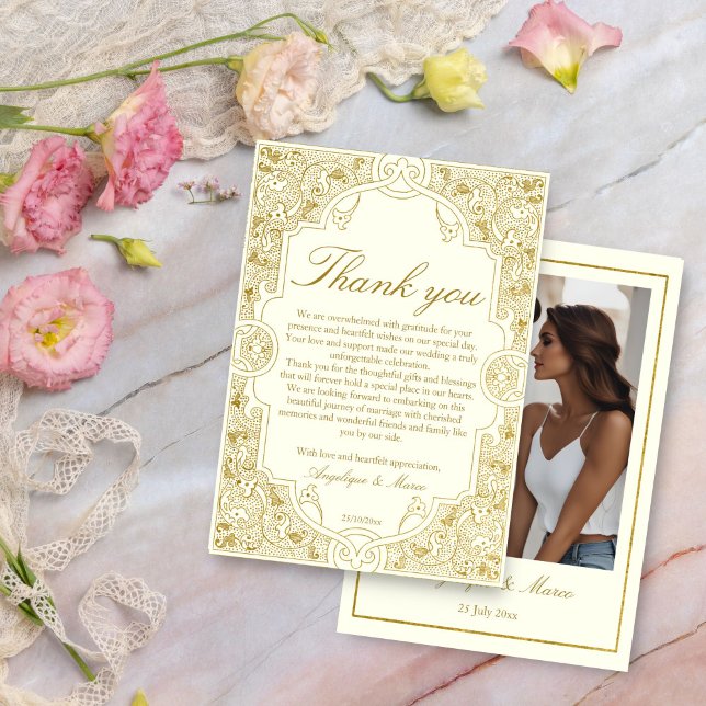Cartão De Agradecimento Casamento de ornamentado de marfim de marfim de ou (Elegant gold ivory vintage ornate frame photo template wedding thank you cards)