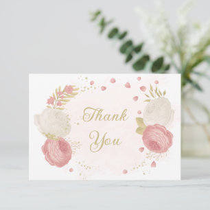 Cartão De Agradecimento Casamento de ouro com flores rosas e brancas