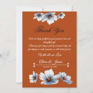 Cartão De Agradecimento Casamento de outono de Terracotta Blue Floral Chic