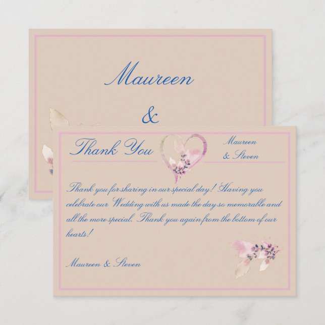 Cartão De Agradecimento Casamento de outono Floral, Azul e Rosa (Frente/Verso)